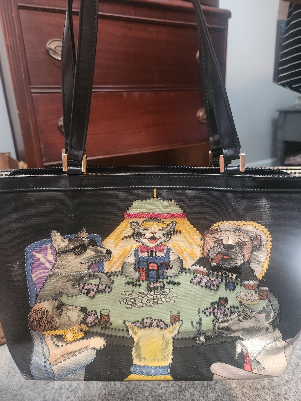 Braciano Black Embroidered Dogs Poker Shoulder Bag
